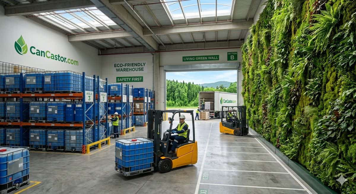 Global chemical warehouse with industrial drums and distribution center