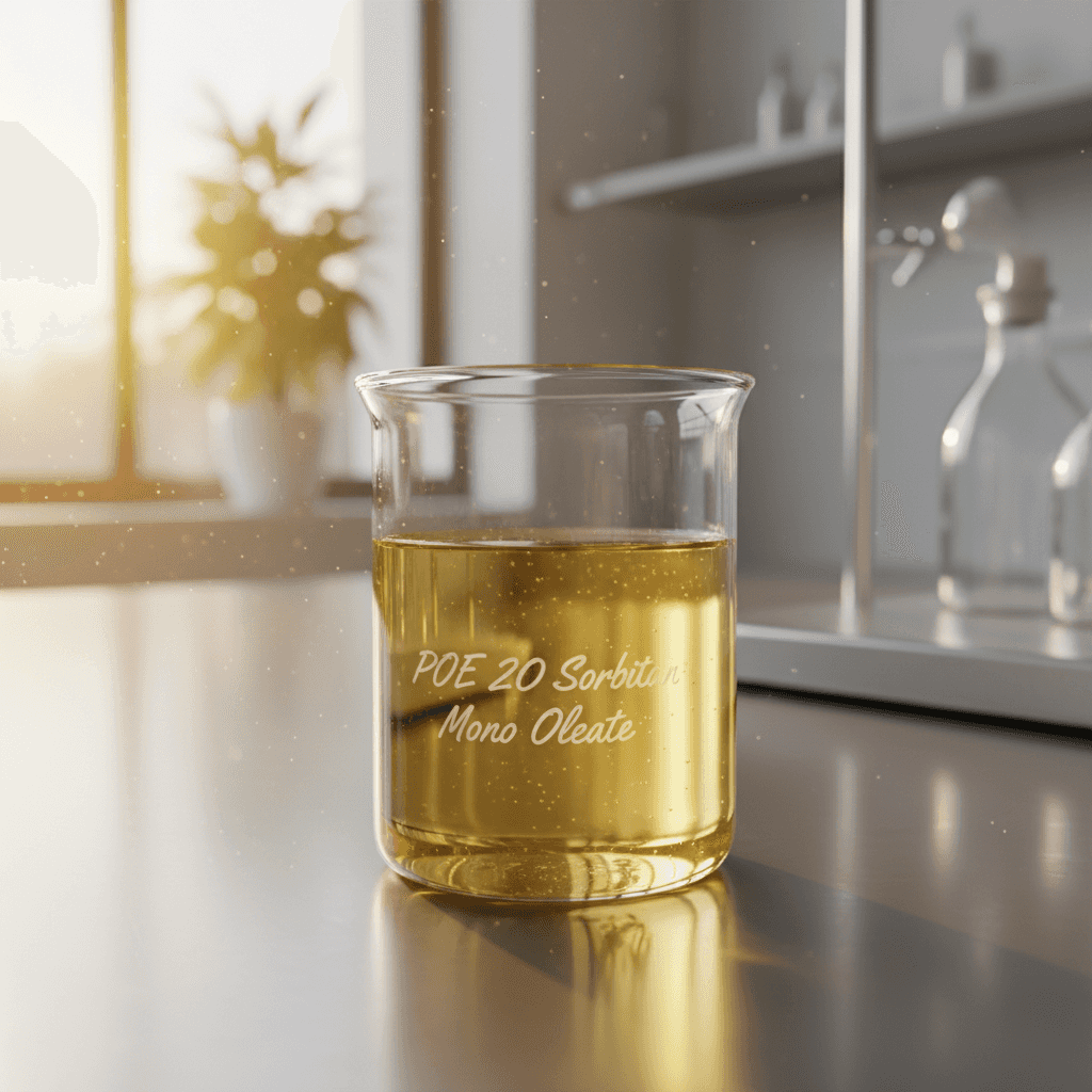 POE 20 Sorbitan Mono Oleate (Polysorbate 80) (Clear yellow to amber viscous liquid) realistic product photo in sustainable lab setting, Cancastor.com