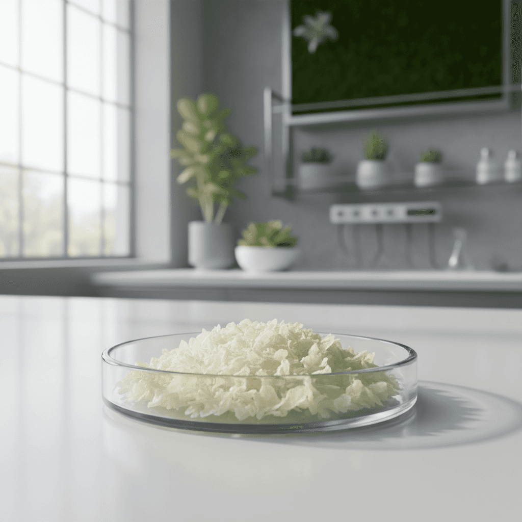POE 20 Sorbitan Tri Stearate (Polysorbate 65) (Yellowish-white waxy solid or paste) realistic product photo in sustainable lab setting, Cancastor.com