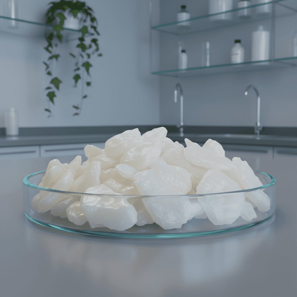 Stearyl Stearate (White to off-white waxy solid) realistic product photo in sustainable lab setting, Cancastor.com